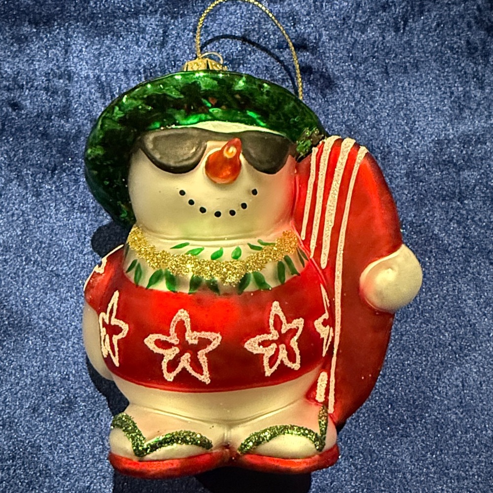 Island Heritage Surfing Snowman Hand Painted Hawaiian Christmas Ornament in Box